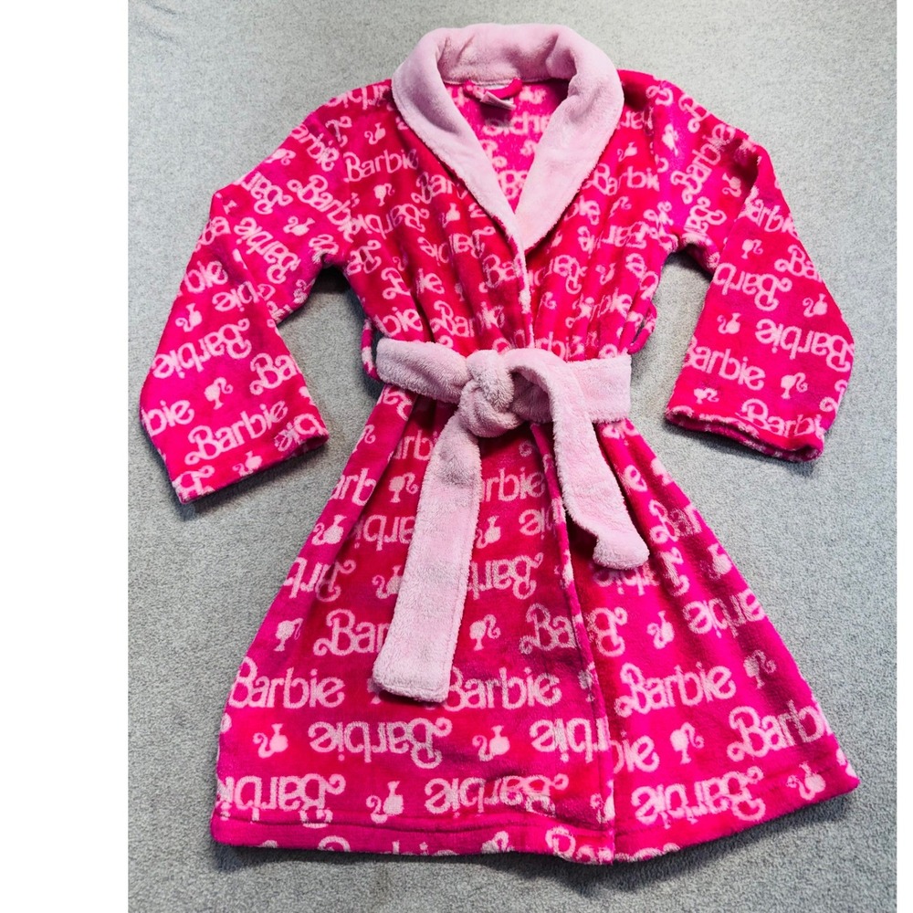 Barbie Plush Fleece Bathrobe Kids Size 6/6X Pink Logo Print Belted Girly Soft